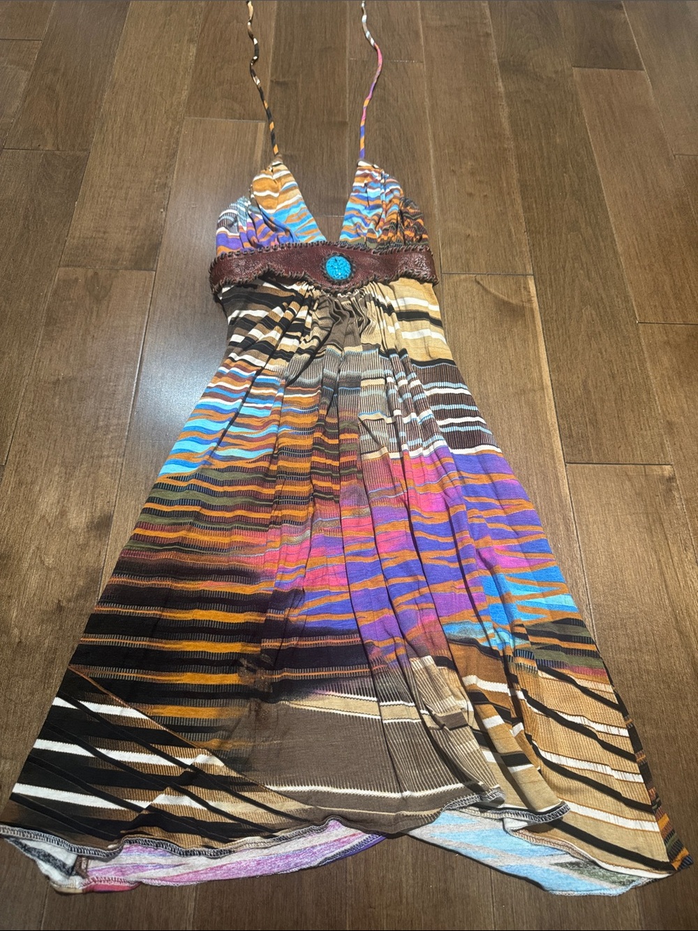 Sky Multicolor Striped Halter Maxi Dress with Turquoise Accent